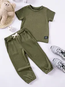 Boys Summer Plain Two-Piece Set, Round Neck Short Sleeve Tee & Drawstring Pants, Casual Fitted, Long Regular Fit