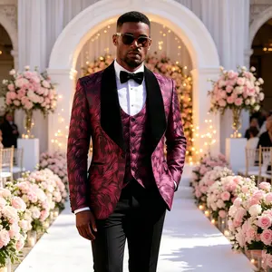 Men's 3-Piece Dark Red Jacquard Tuxedo Suit, Slim Fit Shawl Lapel Jacket + Vest + Pants for Wedding, Prom & Formal Events