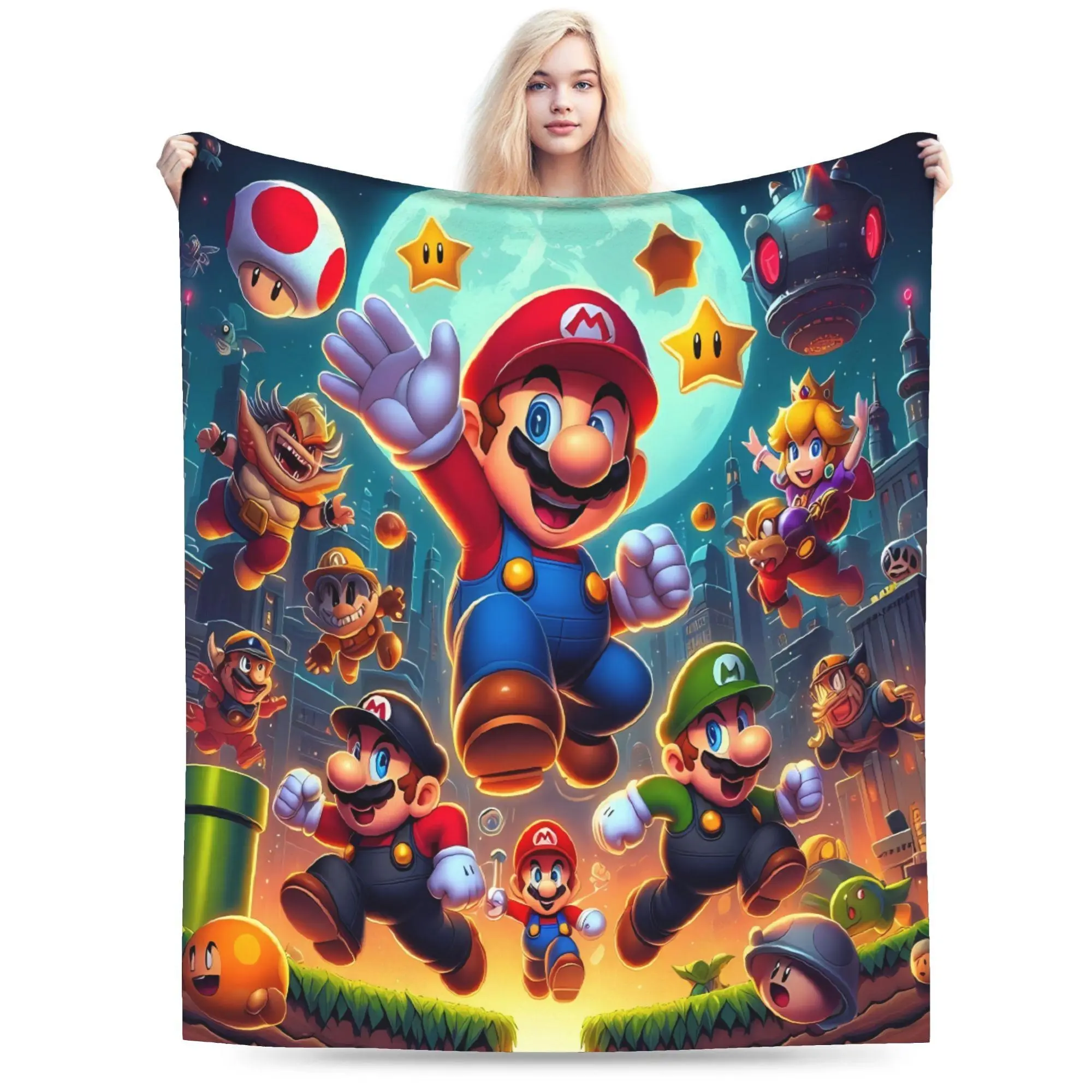 Traditional Classic Colorful Printed Jumping Plumber Duo Cartoon Graphic Polyester Flat Weave Flannel Throw Blanket - Warm Soft Plush Fabric, Stain Resistant, Indoor Use, Home Decor Gift
