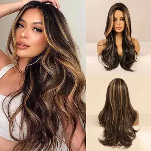 Ombre Brown Highlight Long Wavy Brown Wigs Long Loose Wave Wigs For Women 130 Density Synthetic Wigs Heat Resistant Fiber，For Daily & Parties Wear Colorful Wigs Body Wave Wigs