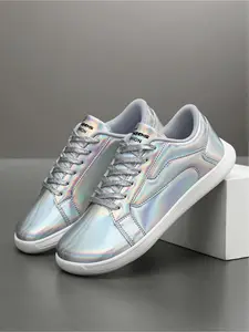 Women's 1 Pair Shiny Silver Sneakers, Streetwear Style Wide Toe Non-Slip Commuter Casual Shoes