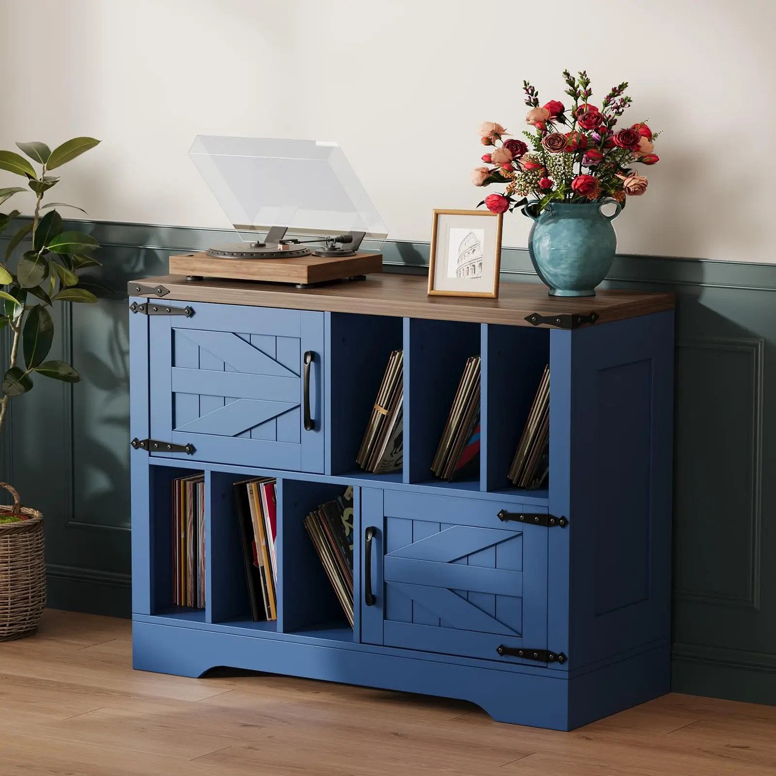 Garvee 39in Large Farmhouse Wood Vinyl Storage Cabinet with Barn Doors, Mid Century Modern Record Player Stand and Table, Holds Up to 450 Albums, Ideal for Living Room or Bedroom, Blue