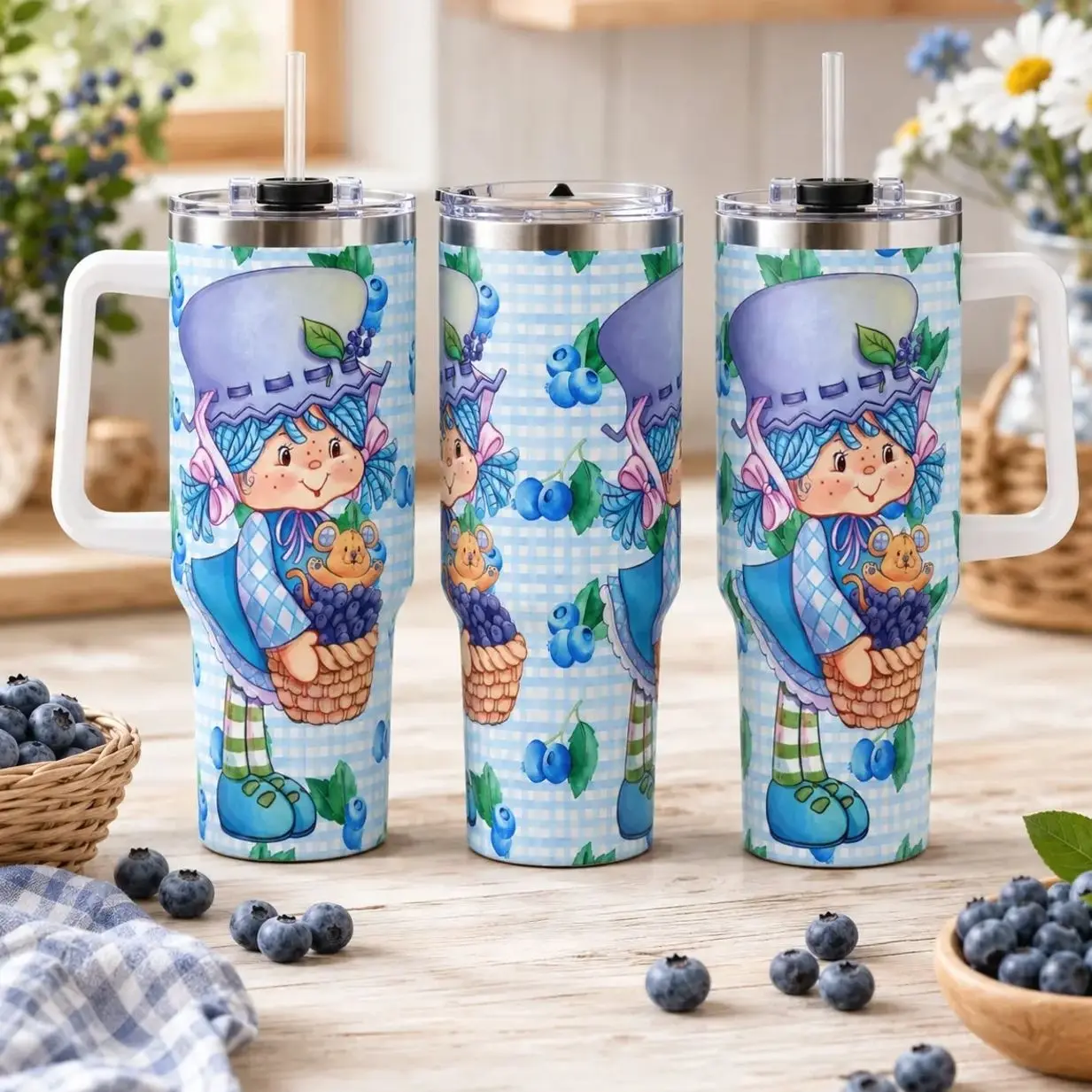 [MADE IN US] Vacuum Insulated Tumbler Strawberry with Lid and Straw - Stainless Steel Travel Coffee Mug Double Wall Hot & Cold Drink Cup Leakproof Portable Shortcake & Rainbow Brite Cartoon Custom Cup 40oz / 30 oz / 20 oz Tumbler With Handle