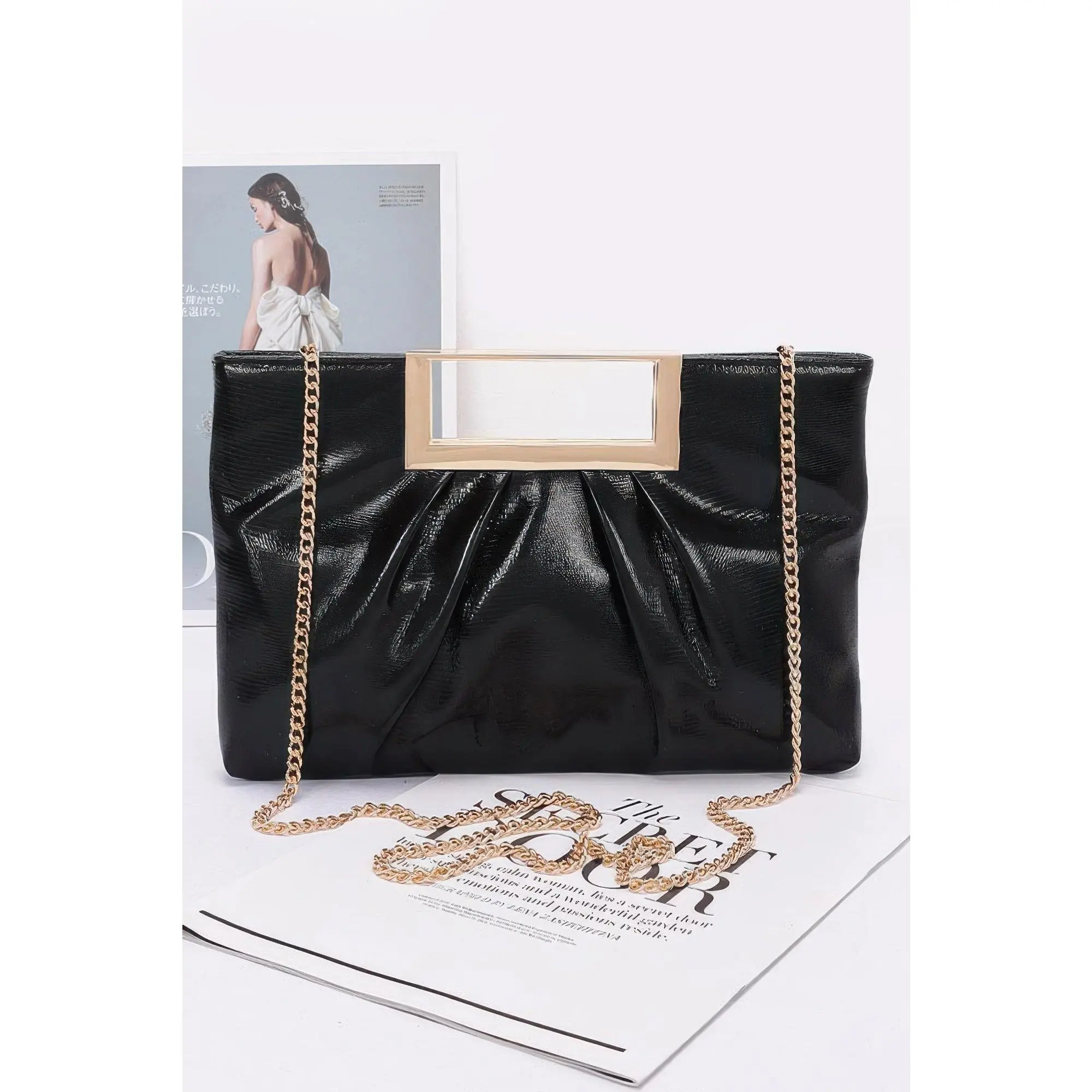 Women's Structured Faux Leather Clutch, Elegant Evening Bag with Gold Metal Top Handle and Gold Chain Strap for Parties & Weddings, Formal Events, Polyurethane, Clutch Bag