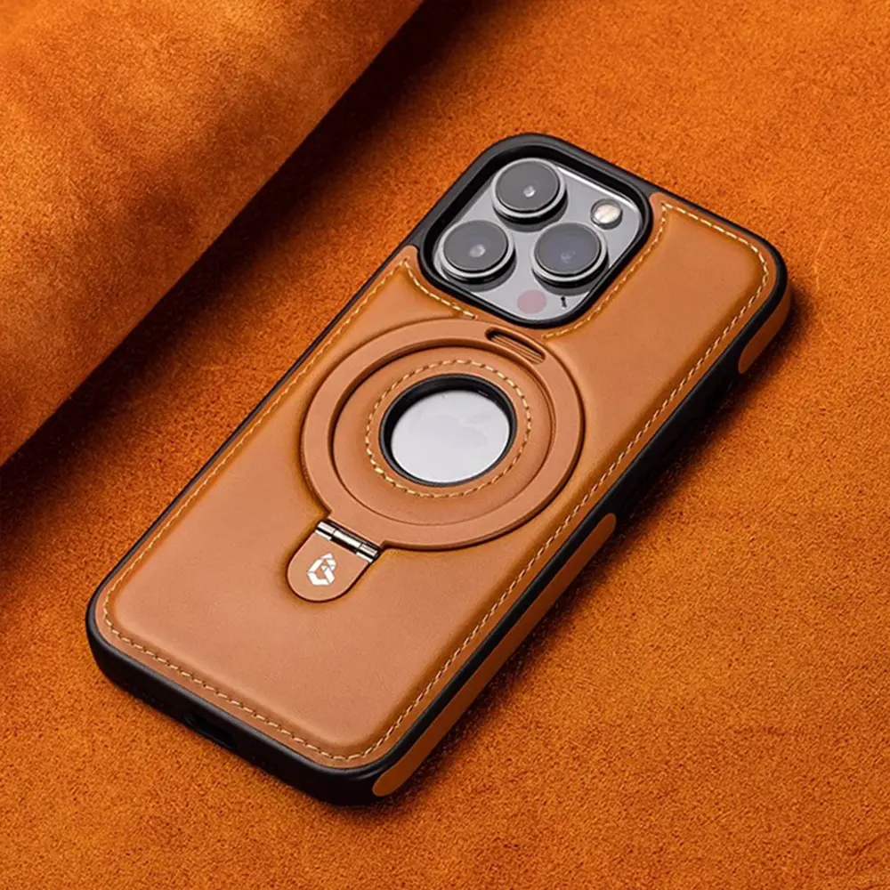 Fin For iPhone Series Luxury PU Leather Magnetic Bracket Ring Case For IPhone 17 16 15 14 Plus 13 12 Pro Max Magsafe Wireless Charging Hollow Logo Cover