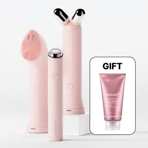 [NEW] [medicube] 3-Step At-Home Spa Set - Pink / Beige ㅣMini Booster Pro Plus + Booster Facial Cleansing Device Head + Booster Face Roller HeadㅣK-beauty Facial Device for deep gentle cleansing, plump-looking appearance, puffiness, skin relaxion