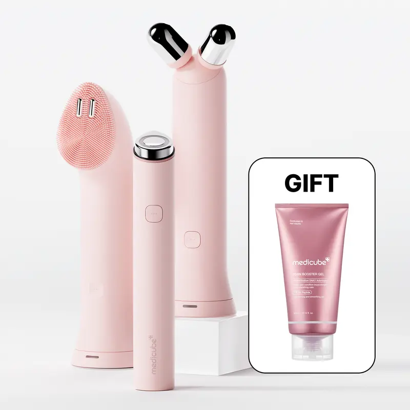 [NEW] [medicube] 3-Step At-Home Spa Set - Pink / Beige ㅣMini Booster Pro Plus + Booster Facial Cleansing Device Head + Booster Face Roller HeadㅣK-beauty Facial Device for deep gentle cleansing, plump-looking appearance, puffiness, skin relaxion