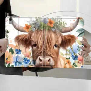 Floral Highland Cow iPad Case iPad Book-Style Case for iPad Pro 2022 2021 2020 2019, Full Protection and Pen Slot for Office and School Use, Perfect Gift for Family and Friends