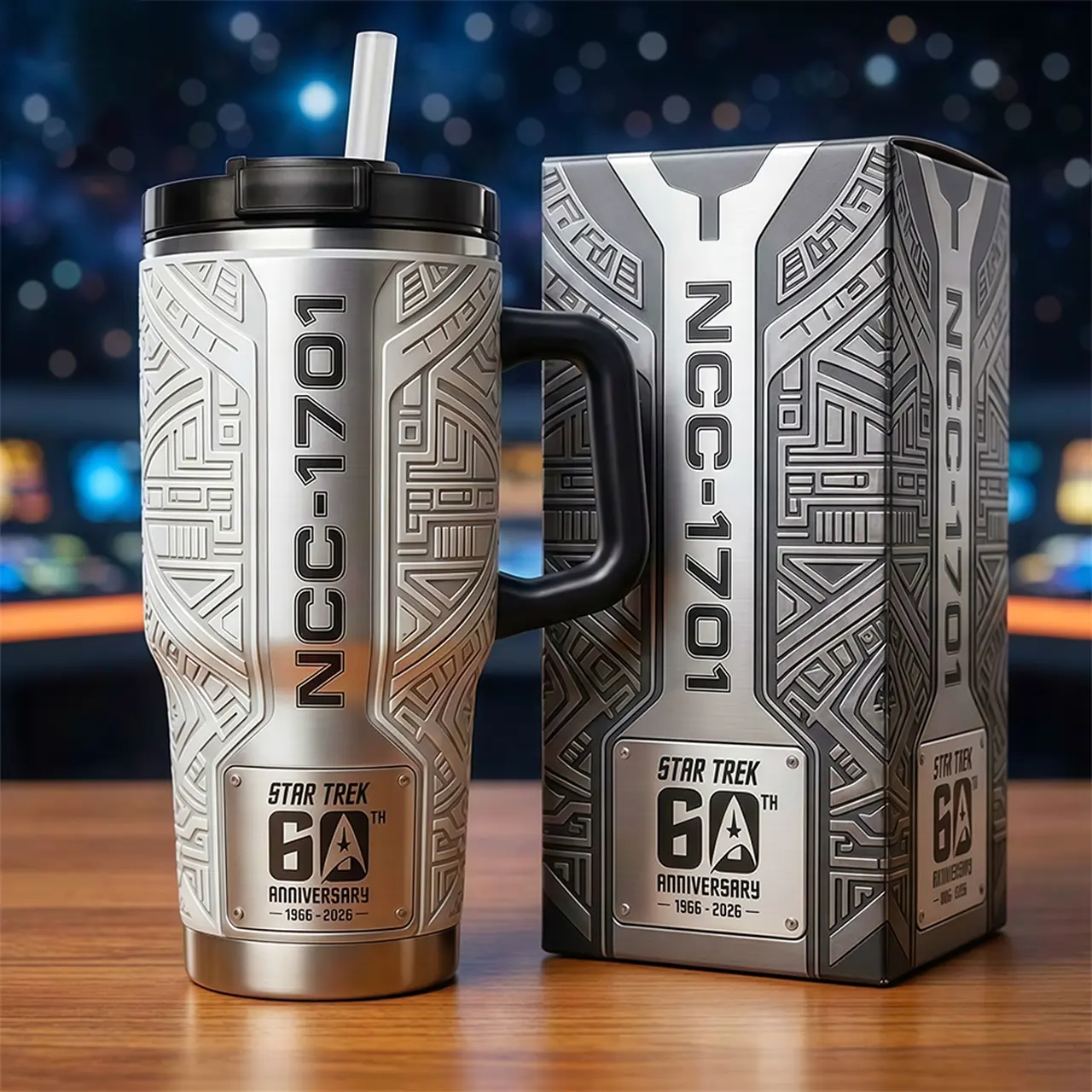 Star Trek Uss Enterprise Ncc 1701 60Th Anniversary Tumbler 40oz With Handle & Straw, Limited Edition Collector Cup, Uss Enterprise Ncc-1701 Galaxy Stainless Steel Travel Mug, Star Trek Spaceship Gift, Insulated Drinkware