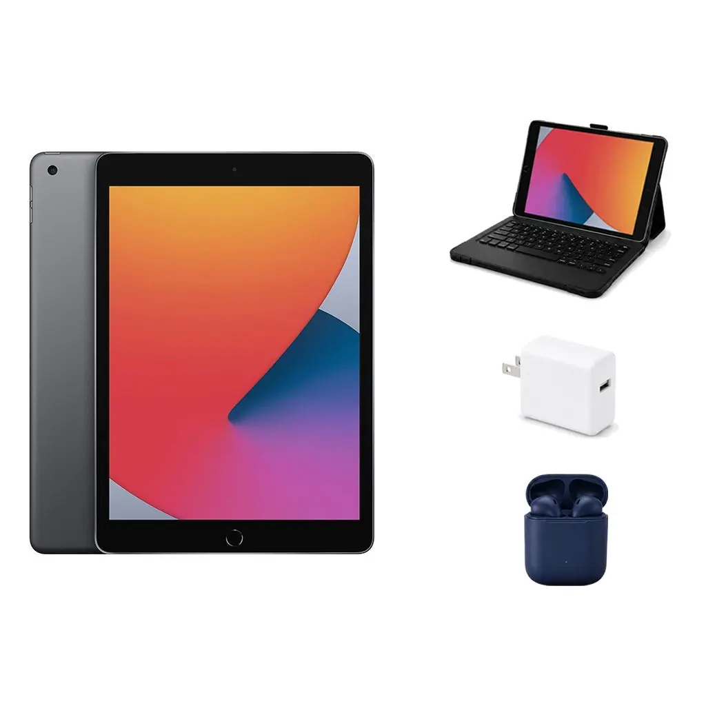 Refurbished 10.2" 8th Gen 32GB Wi-Fi Space Gray Device (Excellent Condition, with Chip), ZAGG Rugged Pro Connect Keyboard Case, InPod Audio Headphones, Charging Accessory, Screen-Ready Tablet Bundle