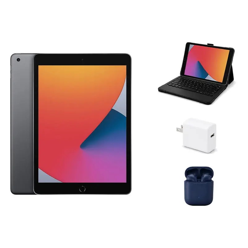 Refurbished 10.2" 8th Gen 32GB Wi-Fi Space Gray Device (Excellent Condition, with Chip), ZAGG Rugged Pro Connect Keyboard Case, InPod Audio Headphones, Charging Accessory, Screen-Ready Tablet Bundle