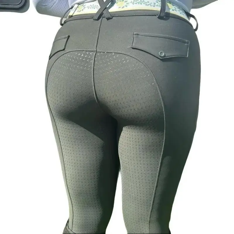 CM Equestrian Army Green Button Up Breeches Full Bottomed Pants with CM Equestrian Pocket & Belt for Comfortable Equestrian Activities