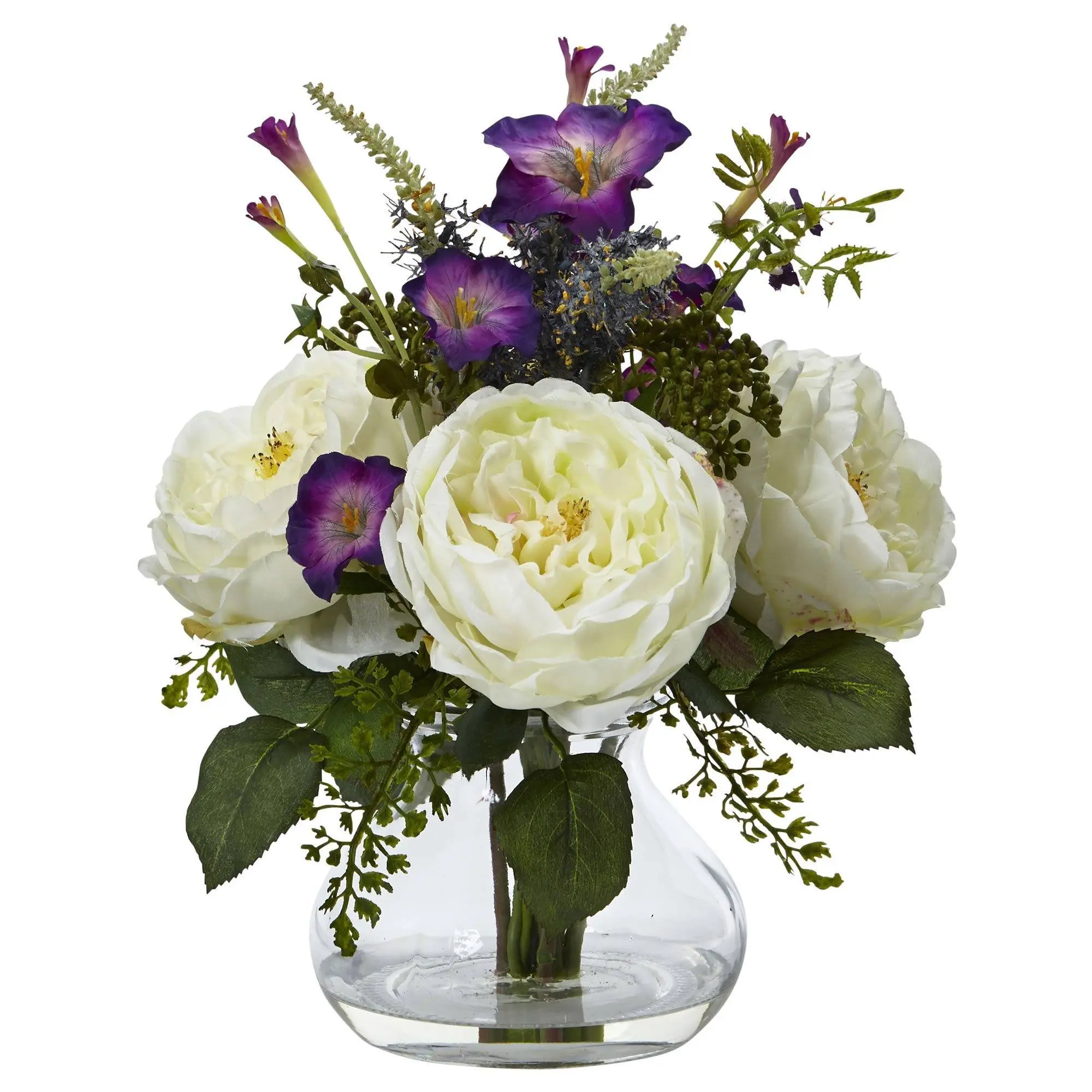 Faux Rose and Morning Glory Artificial Flower Arrangement with Vase - Decorative Housewarming Gift for Home Supplies, Home Decor Plants