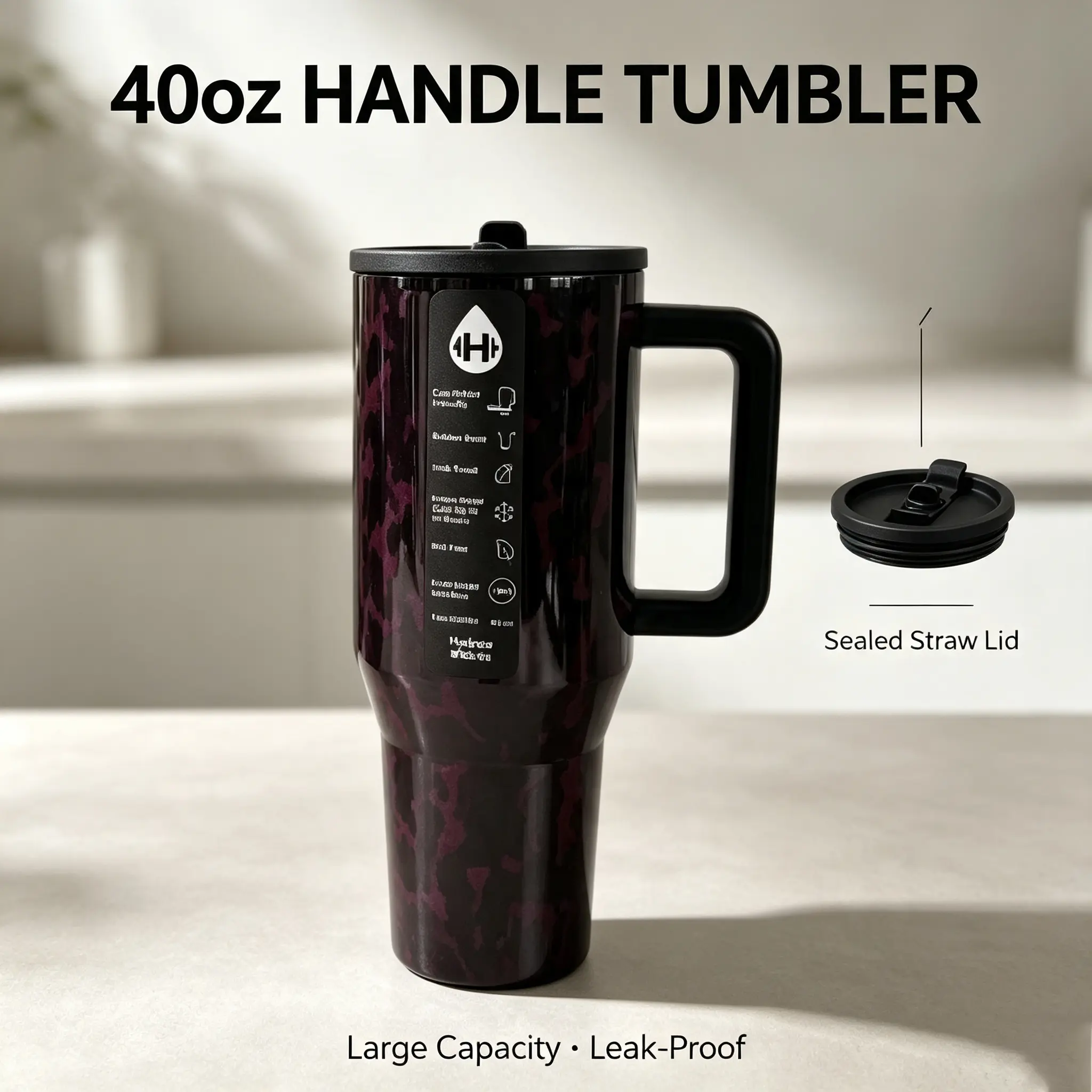 40Oz Leak Resistant Insulated Drink Cup Stainless Steel Vacuum Thickened Tumbler With Handle Detachable Straw Sealed Lid For Car Office Home Fitness Activities