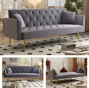 72" Folding Futon Sofa Bed, Velvet Convertible Sleeper Couch with Adjustable Backrest & 2 Pillows, Tufted Modern Loveseat for Living Room Office Small Spaces (Gray), Adjustable Backrest, 2 Pillows, Tufted