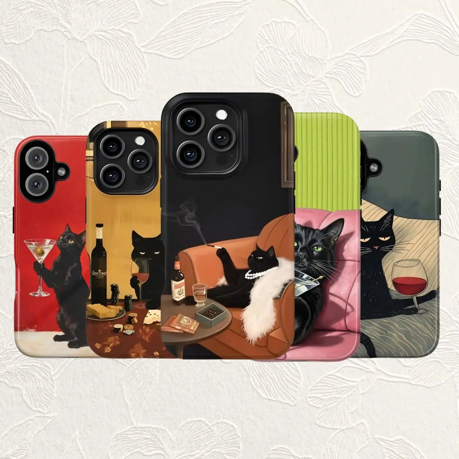 Whimsical Black Cat Cocktail Phone Case - Funny Cat Drinking Martini Cocktail Cover, Luxury Art Girly Design, Phone Accessories with Protection & Multiple Designs