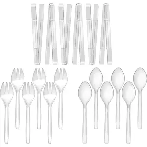 Plastic 9" Clear Disposable Serving Utensils 18 Pack Including 6 Serving Tongs Spoons Forks
