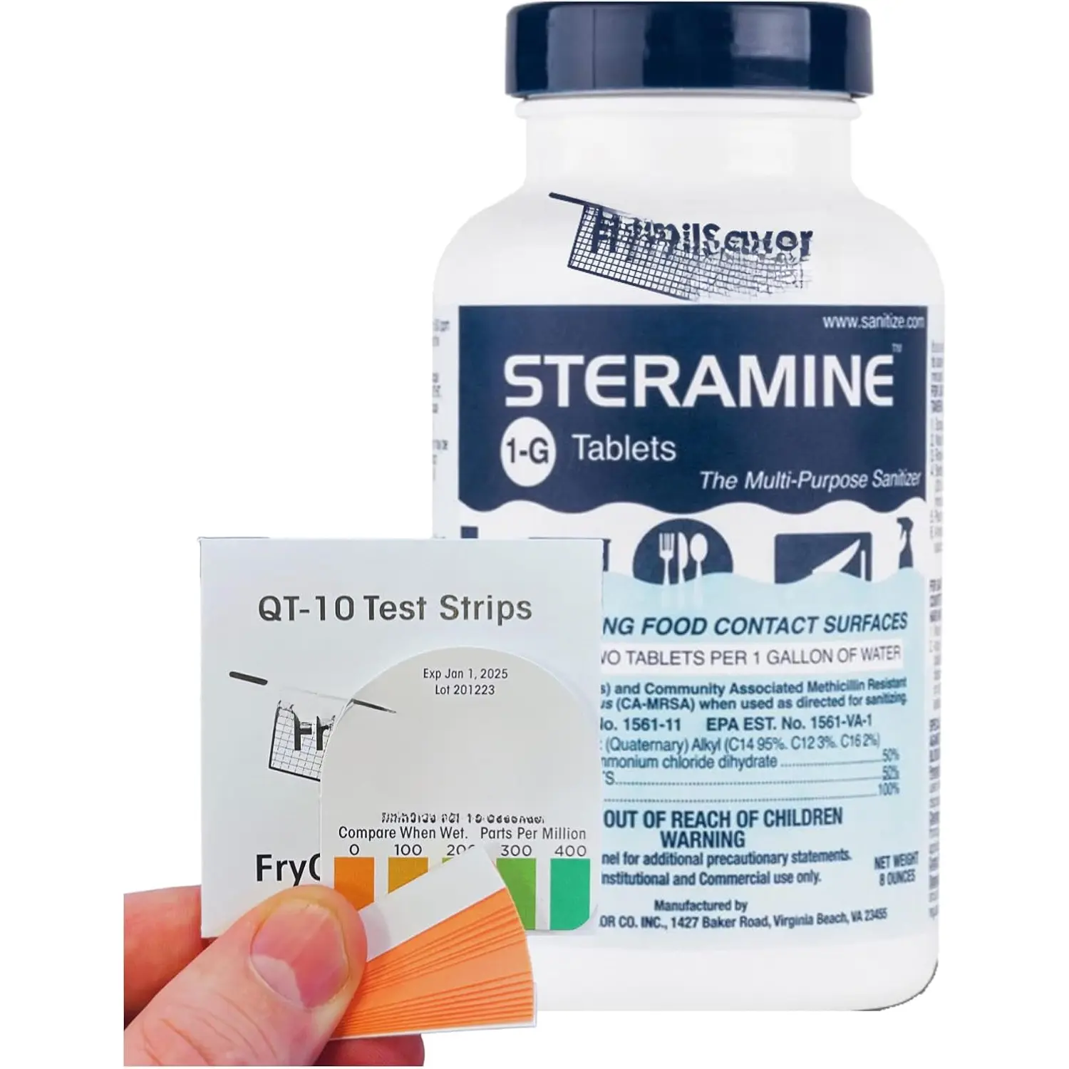 Steramine Sanitizer Tablet w/ 15x QT-10 Test Strips, Multi Purpose Sanitizing Tablet for  Contact Surface, Kitchen, Restaurant, Steramine Sanitizer Tab for  Service by (150 Tablets)
