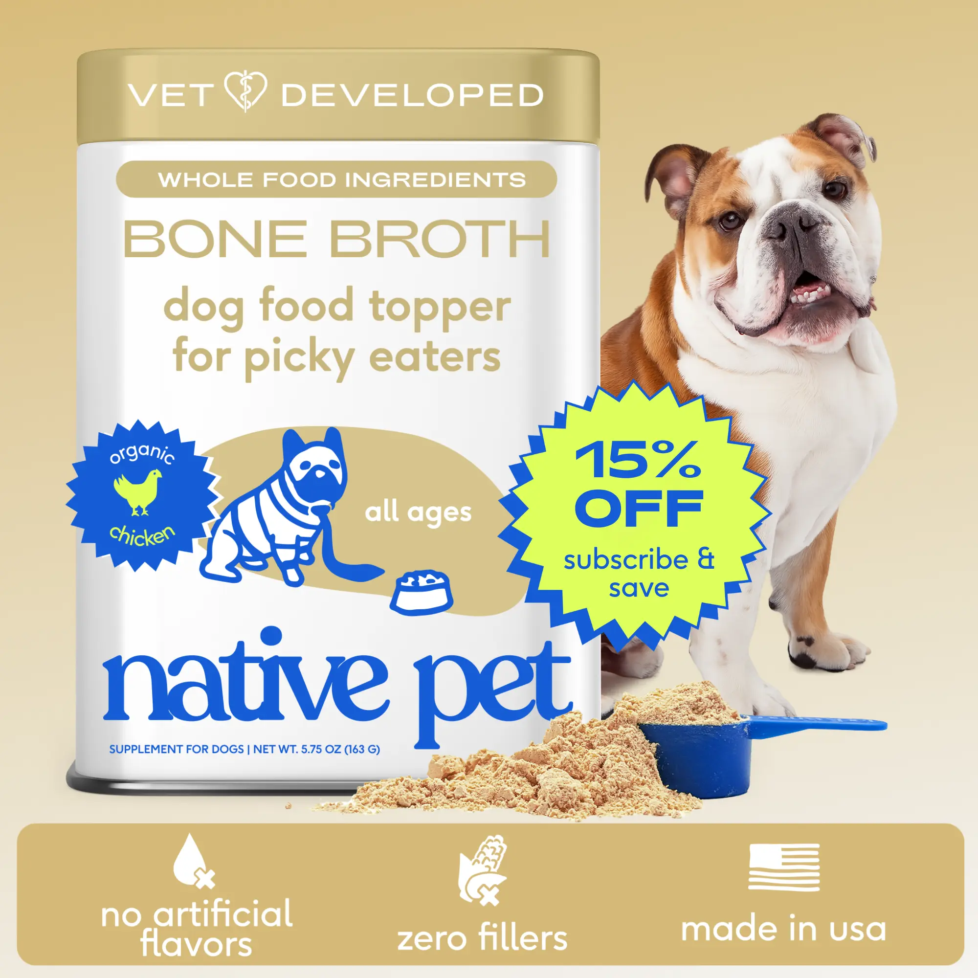 Native Pet Bone Broth for Dogs and Cats - Chicken Bone Broth Powder Dog Food Toppers for Picky Eaters - Provides Extra Nutrition for Joint Strength, Immune Support & Heart Health - 96 Scoops Puppy Food