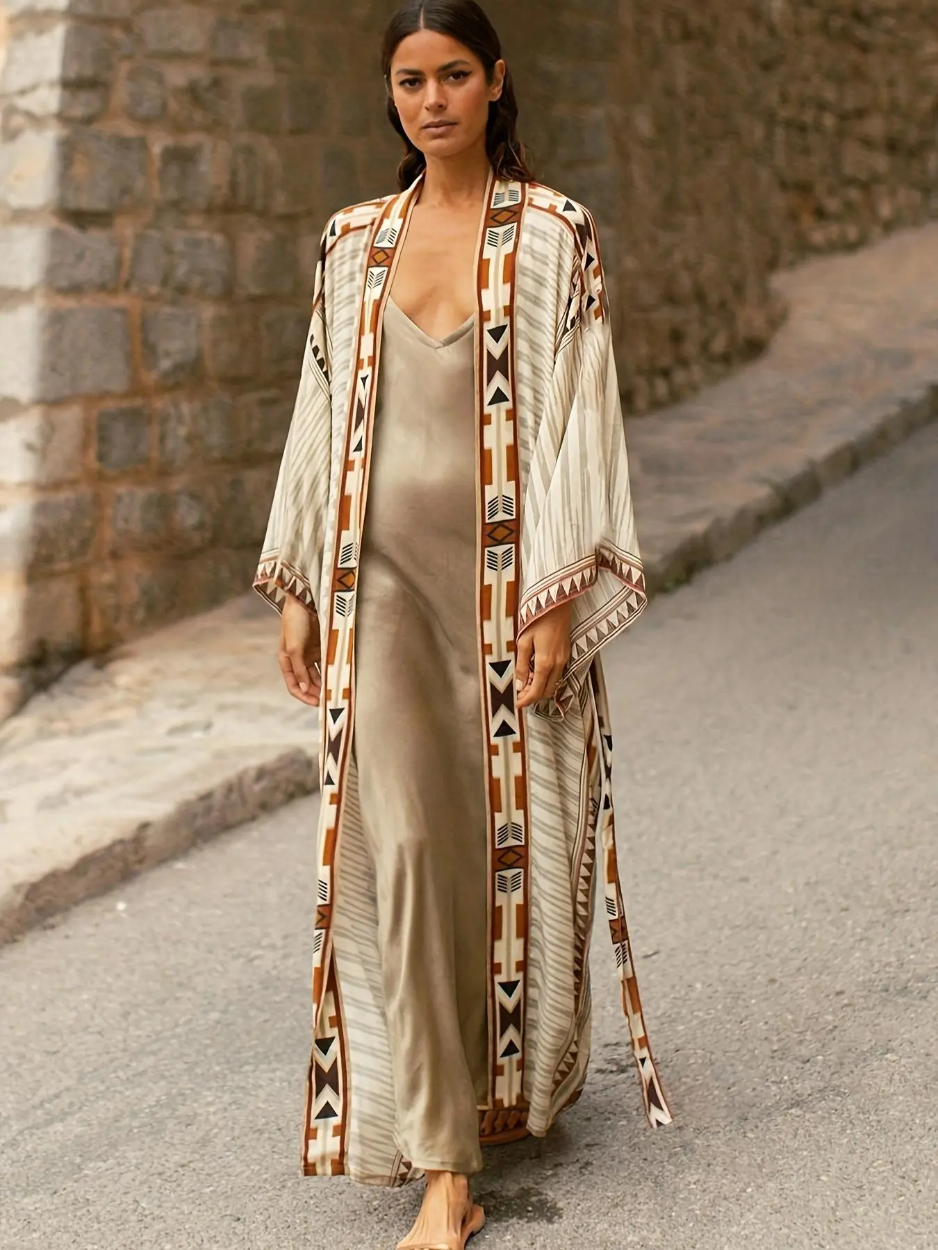 Plus Size Curvy Geometric Print Drop Shoulder Long Sleeve Kimono, Boho Casual Open Front Kimono for Summer, Women's Swimwear for Beach Holiday Vacation Womenswear Clothes