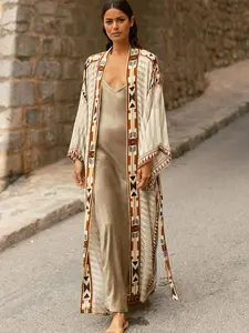 Plus Size Geometric Print Drop Shoulder Long Sleeve Kimono, Boho Casual Open Front Kimono for Summer, Women's Swimwear for Beach Holiday Vacation Womenswear Clothes
