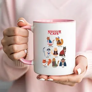 [Sale Up To 50%] Stranger Cats Mug - Funny Stranger Coffee Cup - Eleven Dustin Mike Will Character Art - Upside Down Lover Gift - 11oz ceramic accent mug