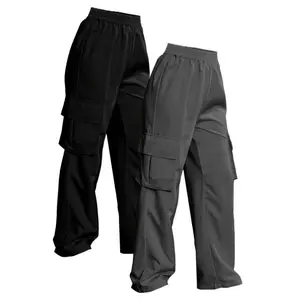 Pure-colored cargo pants – leisure elastic waist wide leg flap pockets – suitable for women to wear, suitable for daily wear, suitable for work pants