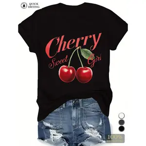Women's 180g Black Cotton Cherry Sweet Girl Graphic Print T-Shirt, Casual Round Neck Short Sleeve Top, Trendy Summer Fashion Tee for Ladies, Soft Comfy Lightweight Shirt, Perfect Gift for Her