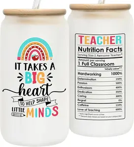 Teacher Gift Drinking Jar Aesthetic Mason Jar Cup It Takes A Big Heart Glass Tumbler with Lid Straw Cute Gift for Teacher Appreciation Birthday Classroom Gift 6.3 x 2.9 inch