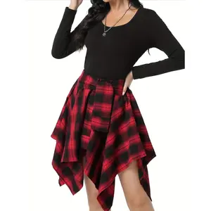 Women's Casual Asymmetrical Plaid Print Skirt - Lightweight 180gsm Polyester-Spandex Blend, Pink & Black Checkered Skirt with Flared Hem for Spring/Summer Outfits, Spring Summer Apparel, Nontransparent Fabric