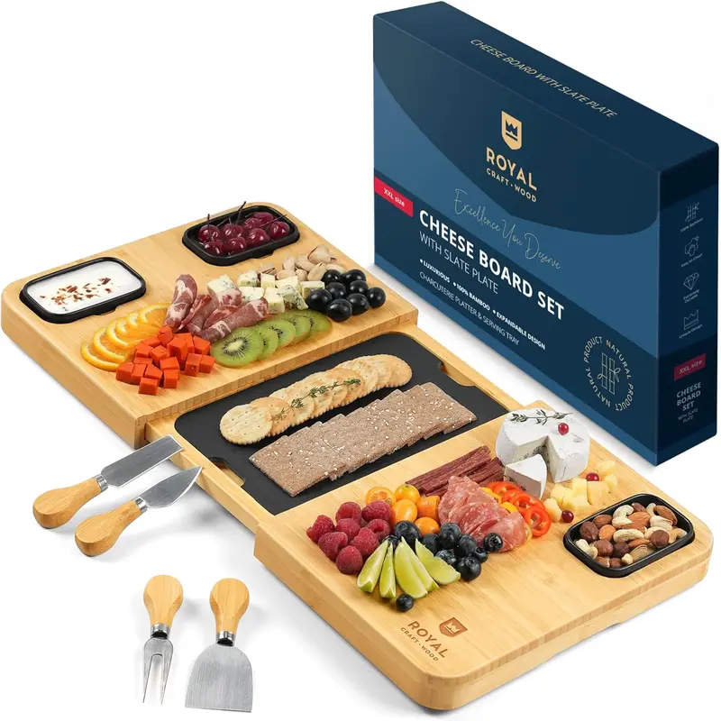 Royal Craft Wood Large Charcuterie Board, Board Set, Large Cheese Platter - Wooden Bamboo Cheese Board & Serving Tray with Cutlery Set- Royal Craft Wood Tableware