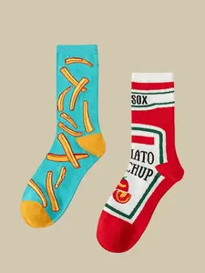 Unisex Asymmetric Mid-Calf Socks, Funky Socks, Fun Food French Fry Design, Breathable Comfort, Casual Daily Wear, Couple Essential, Matching, All Seasons