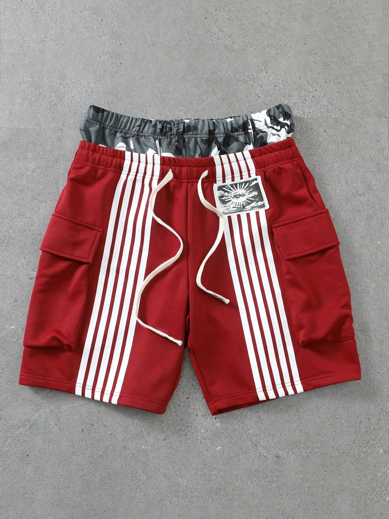 TikTok Viral Red Striped Cargo Shorts, Camo Double Waistband with Drawstring + Side Pockets, Camouflage, Retro Streetwear Activewear Loose Athletic Shorts, Unisex Summer Casual / Festival Must-Have Outfit