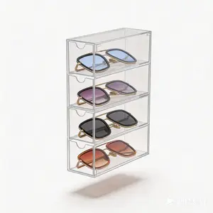 Clear Acrylic 4 Drawer Eyeglass Storage Box and Sunglasses Organizer Aesthetic Stackable Display Case for Bedroom Vanity Bathroom Countertop Room Decor Office Desk Setup