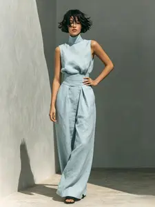 Refined Linen Two-Piece for Women, Solid High Neck Design, Sleeveless Top & Wide Leg Trousers, Elegant Old Money Vibe