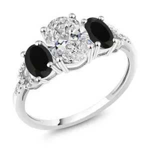 Gem Stone King 2.36 Cttw 10K White Gold White IGI Certified Lab Grown Diamond and Black Onyx 3-Stone Engagement Ring For Women | Center 1.5 Ct Diamond | D-E Color | VS1-VS2 Clarity