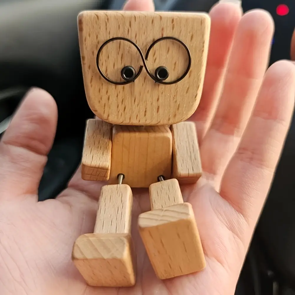 12 Magnetic Emoji Wooden Dolls Car Interior Ornaments, Fun Waving Leg Robot Toy, Christmas Desktop Bookshelf Ornament Gift