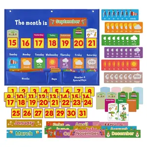 Weekly Weather Pocket Chart for Classroom & Home Use, Includes 98 Bright Color Cards, Learning Cognitive Pocket Calendar