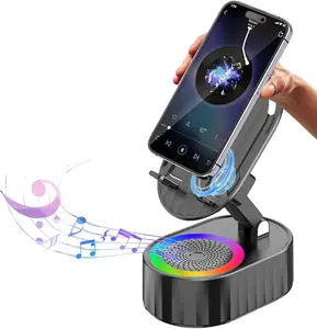 5-in-1 Portable Wireless Induction Bluetooth Speaker Stand - 3000mAh Rechargeable Emergency Power Bank with USB Port, 300° Foldable Compact Cellphone Holder, Colorful LED Lights, Compatible with Smartphones, Tablets, iPhone, Android, Black Men's Gift,summ