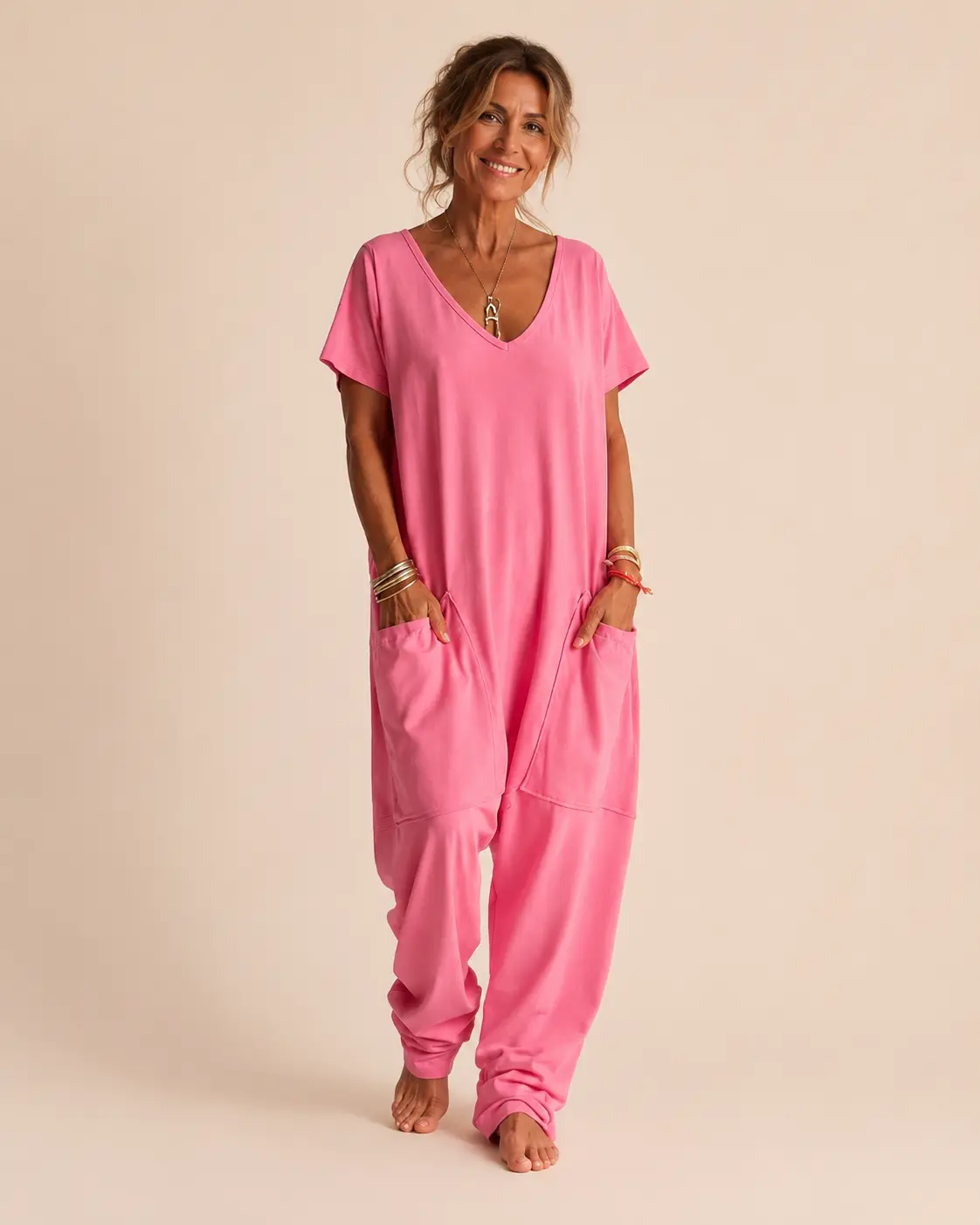 Must-Have Yellow Baggy Romperl V-Neck Pocket Jumpsuit, Soft Light weight Polyester for Spring to Summer Beach & Vacation Outfits Casual Overalls Shortsleeve Womenswear
