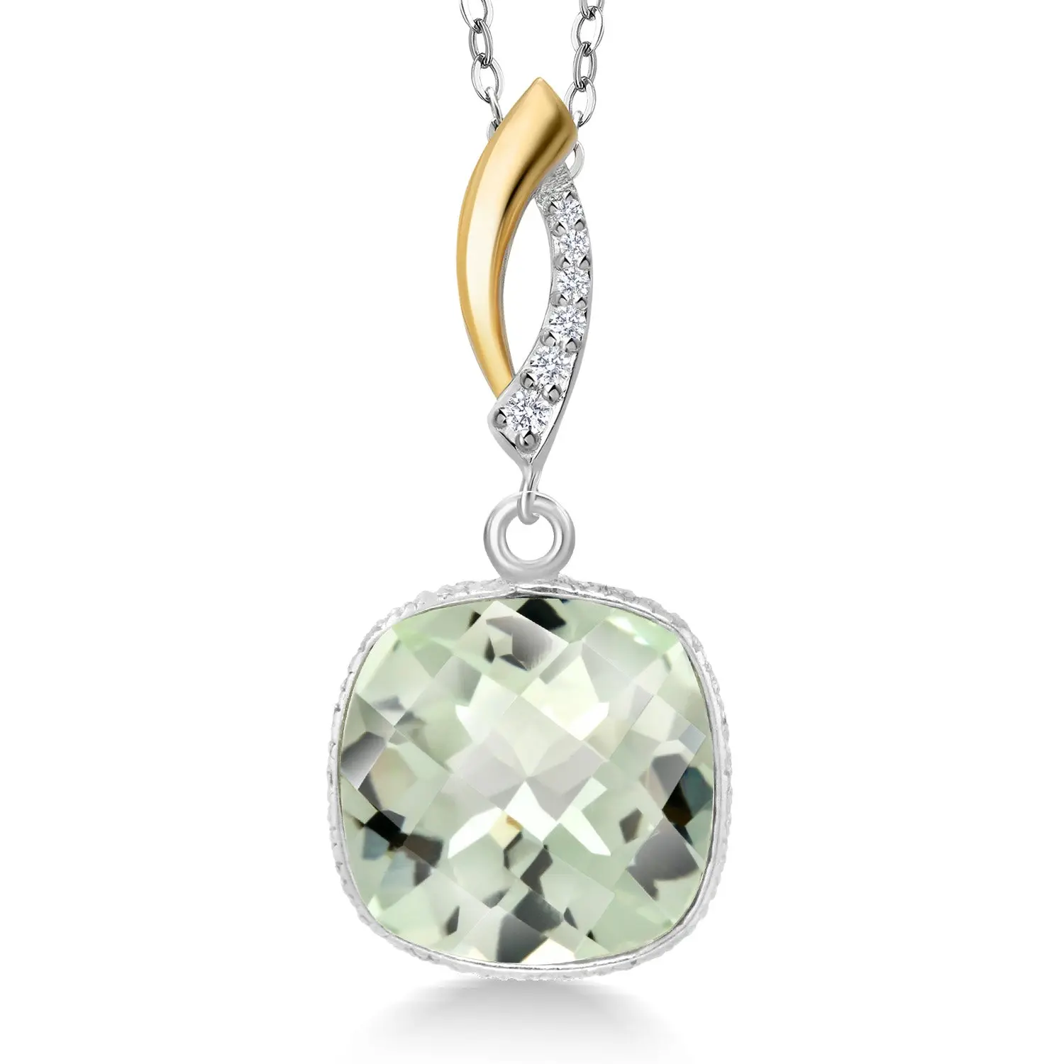 6.55 Cttw Green Prasiolite and Lab Grown Diamond Pendant Necklace for Women | 925 Silver and 10K Yellow Gold | Gemstone Birthstone | Cushion 12MM | With 18 Inch Silver Chain
