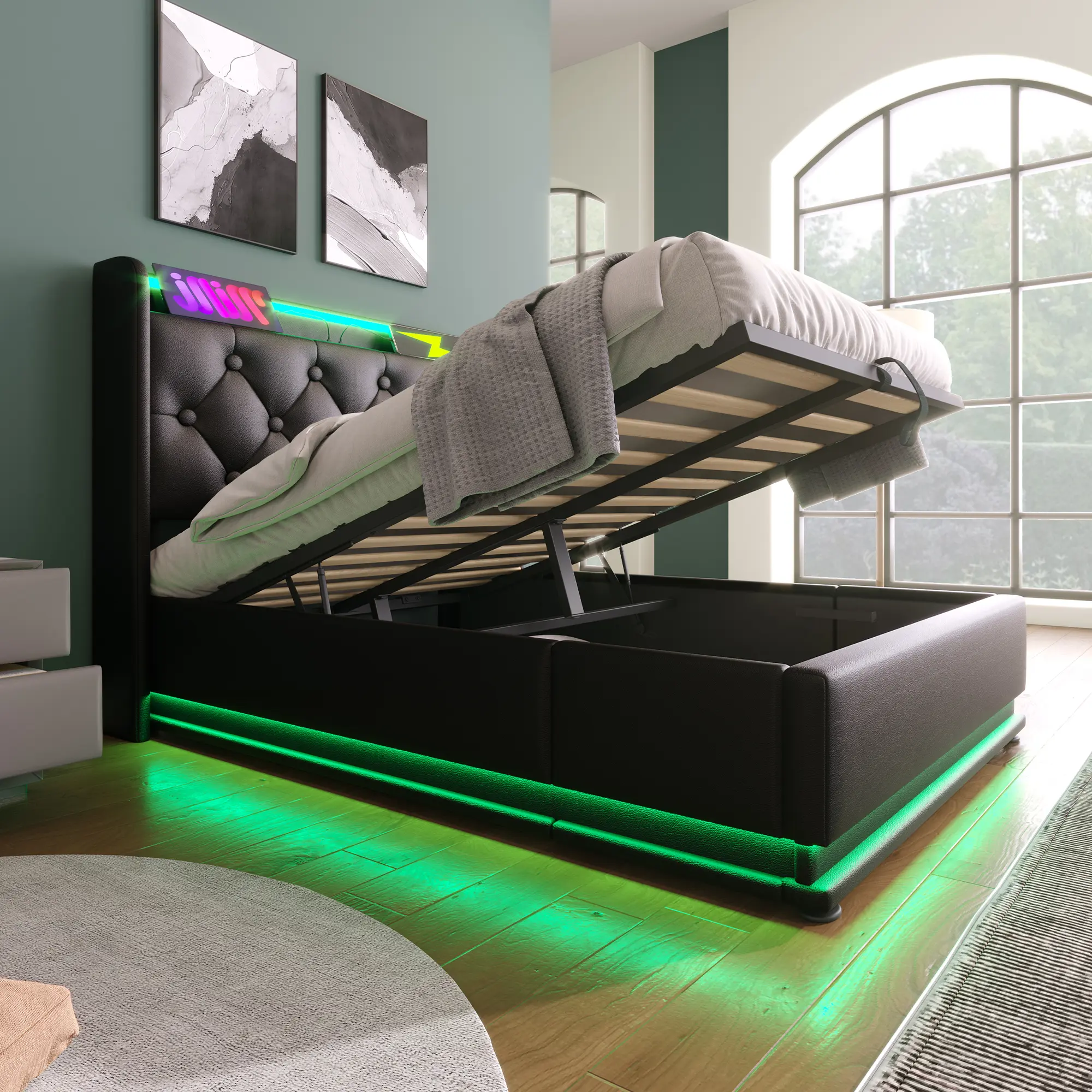 Twin Lift Up Storage Bed Frame with Button Headboard and Storage Underneath, Upholstered Twin Platform Bed Frame & Smart Bed with Charging Station, LED Lights, Heavy Duty, Easy Assembly (Black PU, Twin)