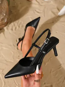 High Heel Back Strap Single Shoe, Sexy Daily Wear, Stiletto Pointed Toe, PU Leather, Medium Width, All Seasons, Plain Pattern