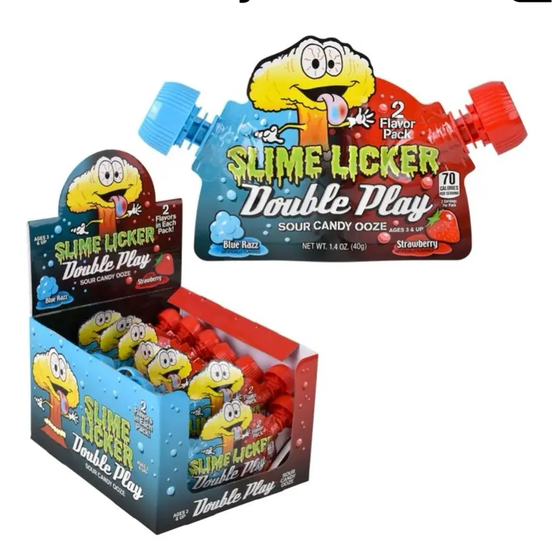 Slime Licker Double Play Sour Ooze 2 Flavour in Each Pack Strawberry & Blue Razz 1.4oz 12ct Sweet Cotton Flavor Pakistan Candy Snack Bonbon