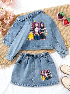 Girls' Denim Two-Piece Set, Fashion Cool, Cartoon Girls Style, Hair Girl with Tee & Skirt, Hair Girl with Tee & Blue Jeans, Denim Skirt Sets
