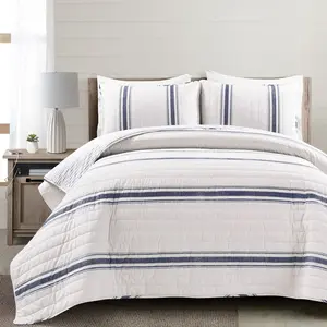 Lush Decor Farmhouse Stripe Reversible Cotton Quilt Set - 100% Cotton, Reversible Design, Twin XL & Full/Queen & King & California King Size, Creamy Off-White Background, Machine Washable, Traditional Farmhouse Style