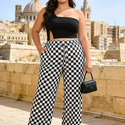 Plus Size High Waist Plaid Checkered Checkerboard Wide Leg Fit Pants, Fashion Street Style Bottoms, Designed for Curvy Women, Perfect for Casual, Travel, Home, Daily Wear, Womenswear