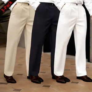 Men’s 3-pack business casual dress pants: classic straight-leg trousers with button and hook design, plus classic pleated trousers. Perfect for all seasons—ideal for business office wear and everyday casual wear.