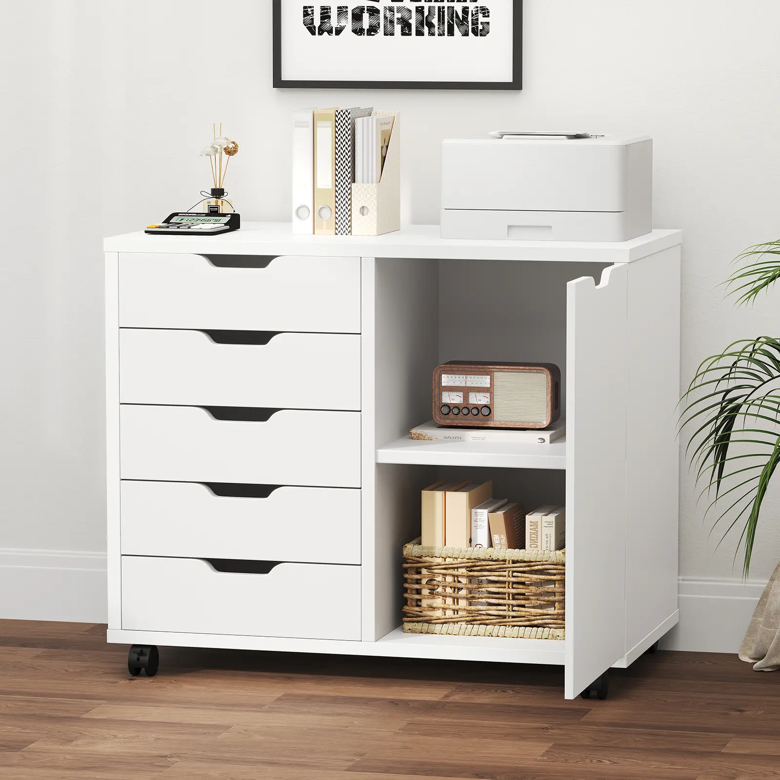 Sweetcrispy 5-Drawer Wood Storage Organizer Furniture with Caster Wheels, Under-Desk Printer Stand with Shelf, Door & Wood Board Metal Frame for Home Office Craft Room, Black Caster Wheels Vertical File Cabinet