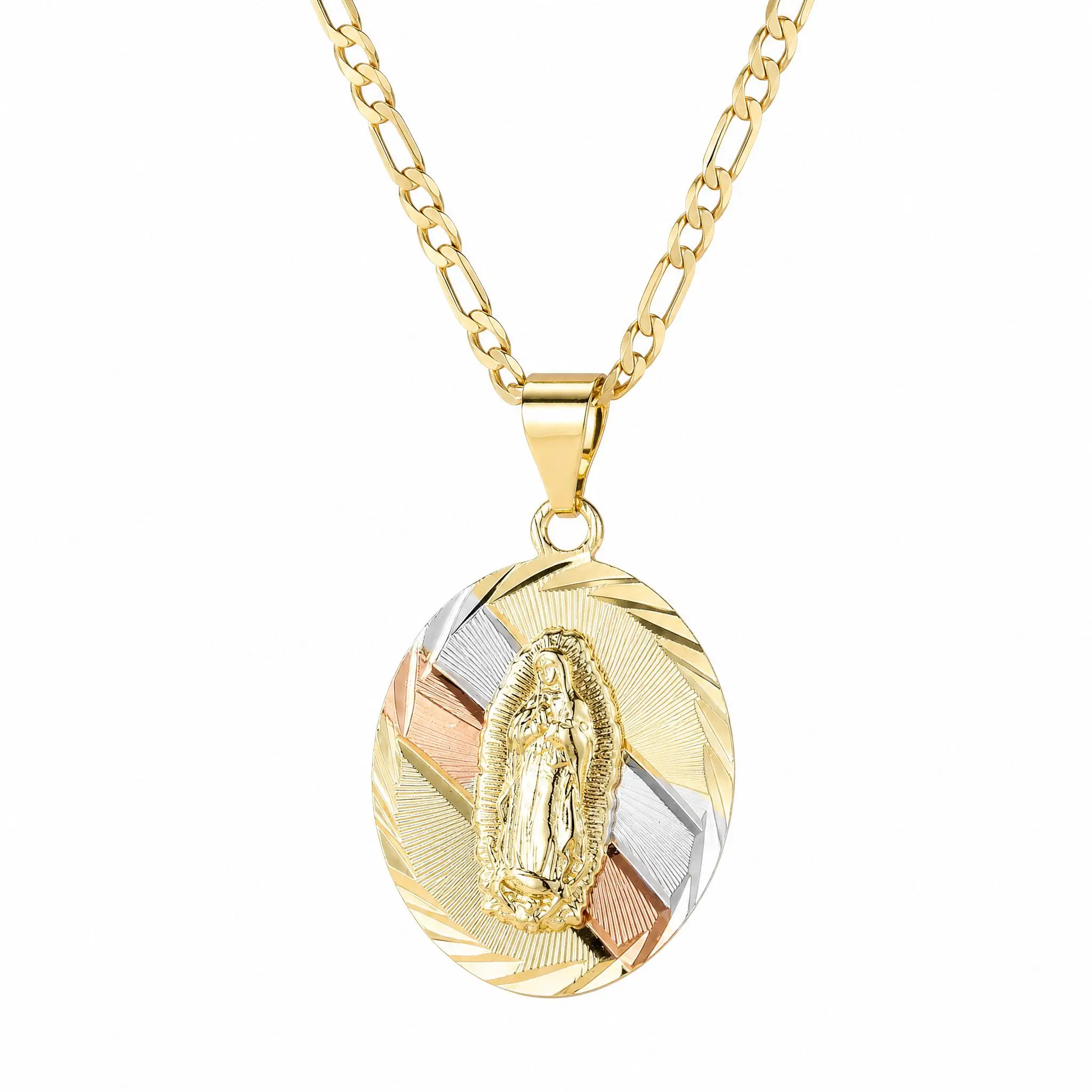 Female Gold Aesthetic Virgin Mary Virgin of Guadalupe Pendant Necklace - 23.6 in Tri-Tone Metal Figaro Chain, Catholic Religious Faith & Protection Jewelry, Daily Birthday Gift